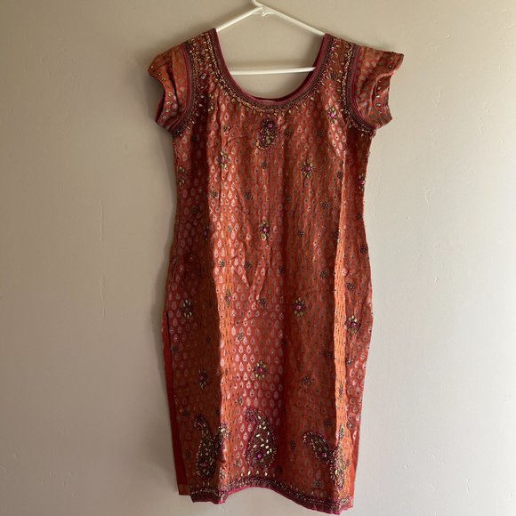 Orange Rust Beaded Salwar Churidar Set Indian Wedding Party Outfit - Picture 5 of 17